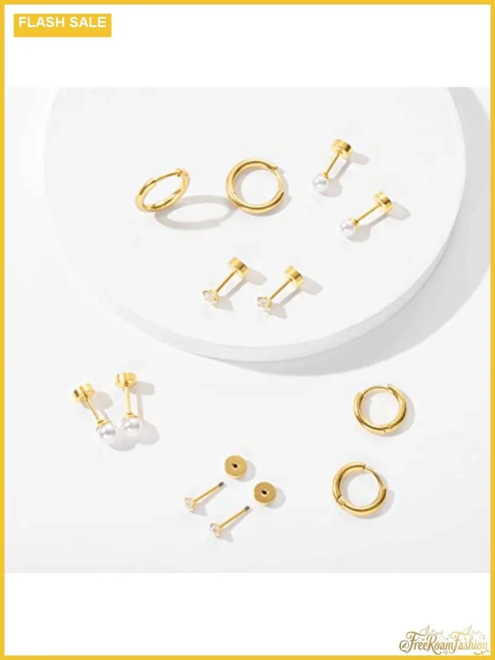 14K Gold Plated Hypoallergenic Earring Set for Multiple Piercings, 6 Pairs Flat